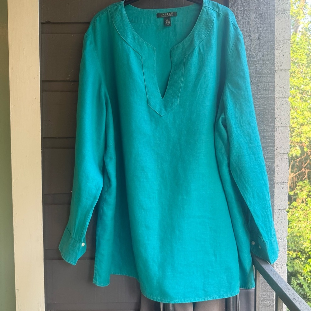 Ralph Lauren Turquoise Linen Women's tunic/blouse. Versatile sleeves. Gorgeous!